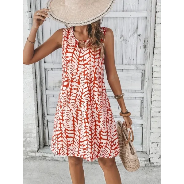 Kadın Sıfır Kol Yakadan Halka Detaylı Desenli Kısa Bürümcük Elbise