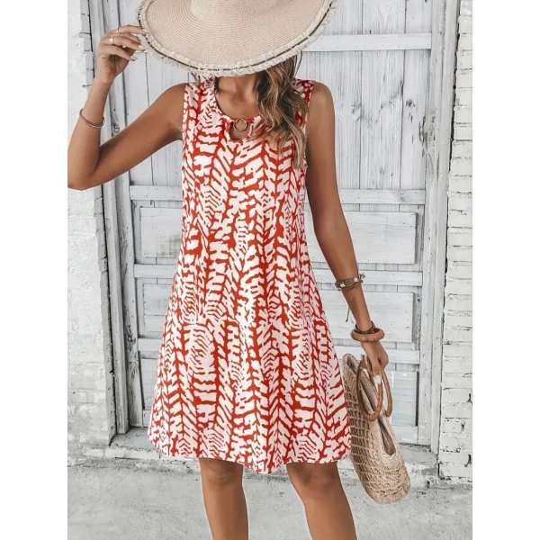 Kadın Sıfır Kol Yakadan Halka Detaylı Desenli Kısa Bürümcük Elbise