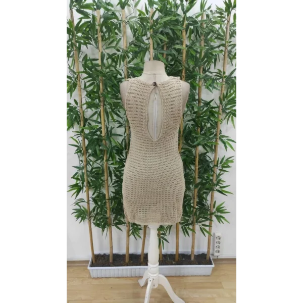 Kadın Sıfır Kol Yanlardan Halka Toka Detaylı Triko Plaj Elbisesi