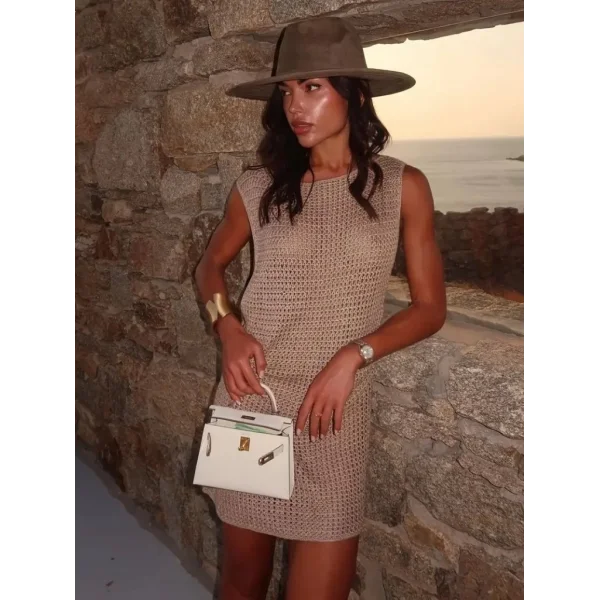 Kadın Sıfır Kol Yanlardan Halka Toka Detaylı Triko Plaj Elbisesi