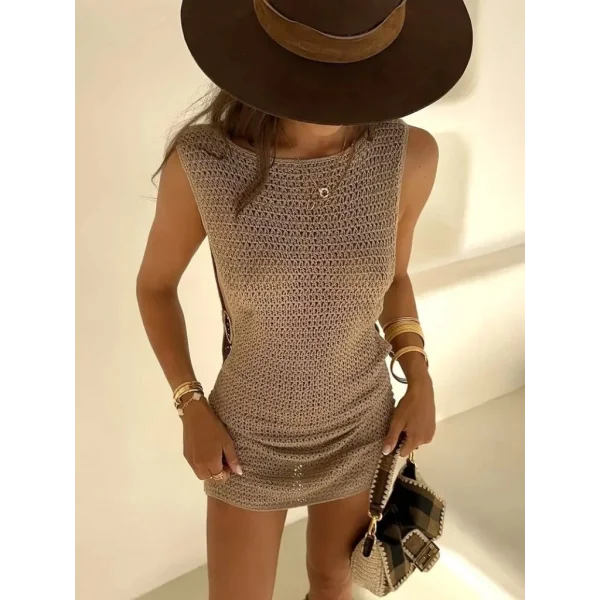 Kadın Sıfır Kol Yanlardan Halka Toka Detaylı Triko Plaj Elbisesi
