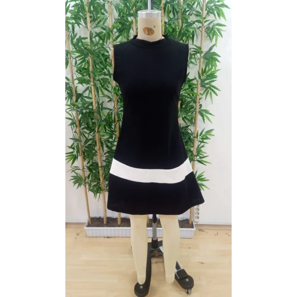 Kadın Sıfır Kol Yarı Balıkçı Yaka şerit Detaylı Ithal Krep Elbise