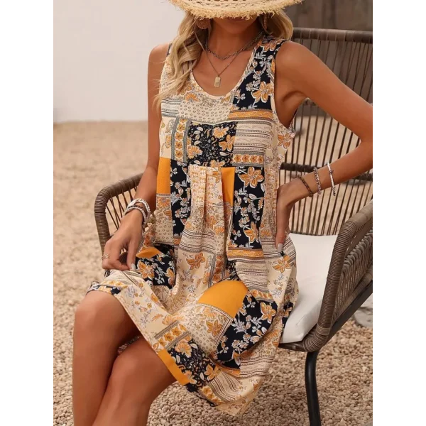 Kadın Sıfır Kol Yuvarlak Yaka çiçek Desenli Süprem Elbise