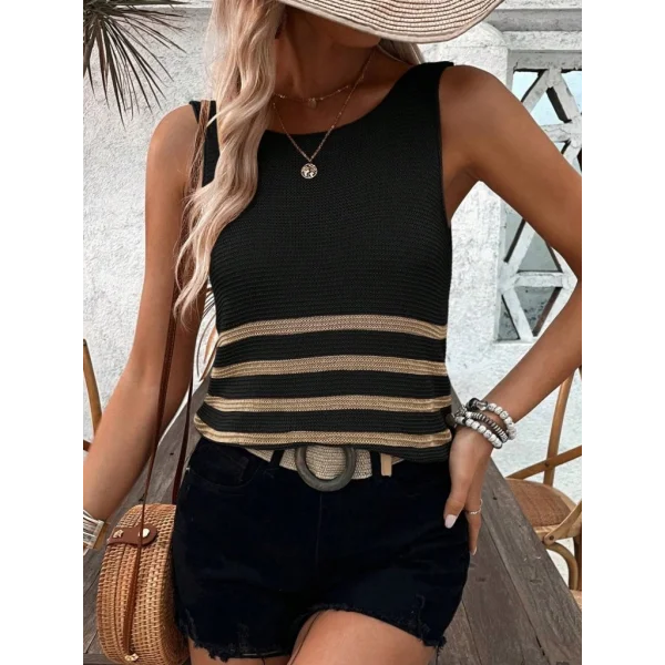 Kadın Sıfır Kol Yuvarlak Yaka şerit Detay Triko Bluz