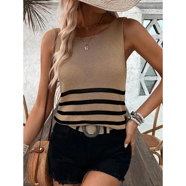 Kadın Sıfır Kol Yuvarlak Yaka şerit Detay Triko Bluz