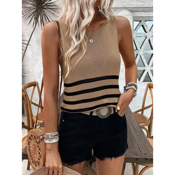 Kadın Sıfır Kol Yuvarlak Yaka şerit Detay Triko Bluz