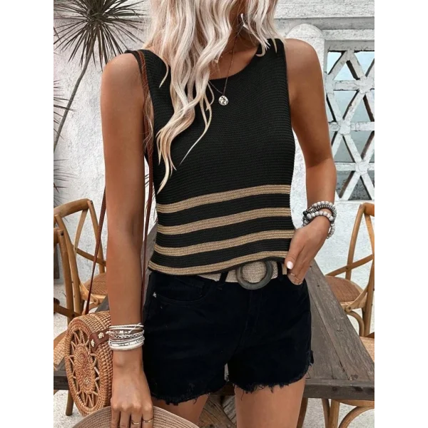 Kadın Sıfır Kol Yuvarlak Yaka şerit Detay Triko Bluz