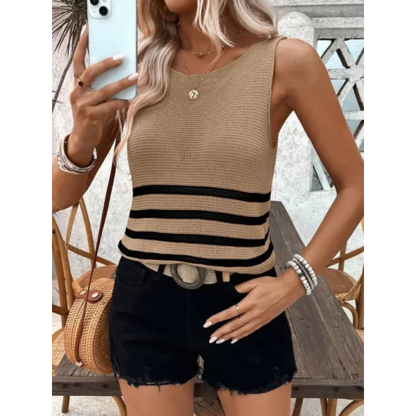 Kadın Sıfır Kol Yuvarlak Yaka şerit Detay Triko Bluz