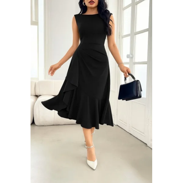 Kadın Sıfır Kollu Belden Büzgülü Eteği Volanlı Asimetrik Kesim Midi Janjan Krep Elbise