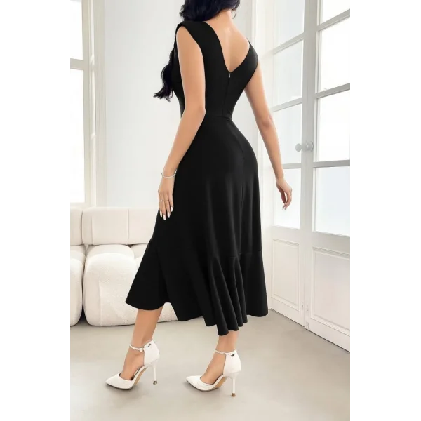 Kadın Sıfır Kollu Belden Büzgülü Eteği Volanlı Asimetrik Kesim Midi Janjan Krep Elbise