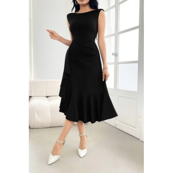 Kadın Sıfır Kollu Belden Büzgülü Eteği Volanlı Asimetrik Kesim Midi Janjan Krep Elbise