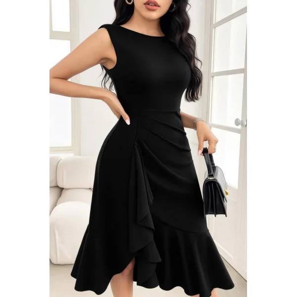 Kadın Sıfır Kollu Belden Büzgülü Eteği Volanlı Asimetrik Kesim Midi Janjan Krep Elbise