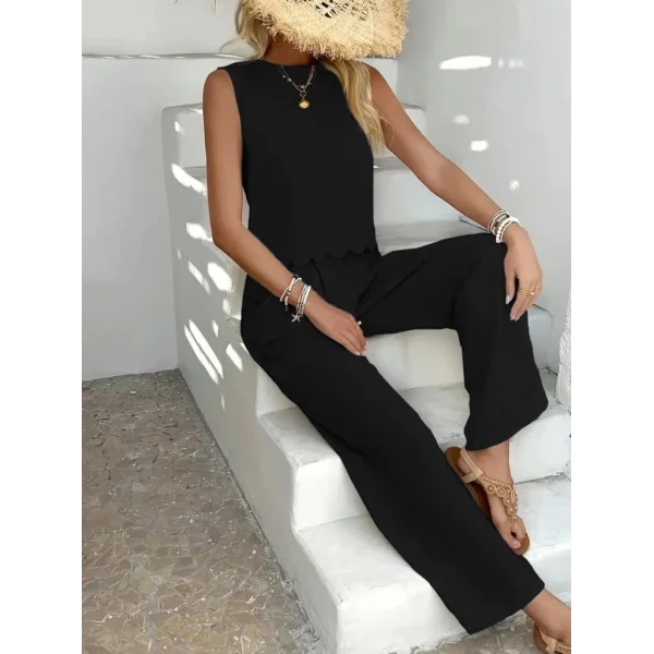 Kadın Sıfır Kollu Bisiklet Yaka Arkadan Bağlamalı Aer8bin Bluz Ve Pantolon Ikili Takım