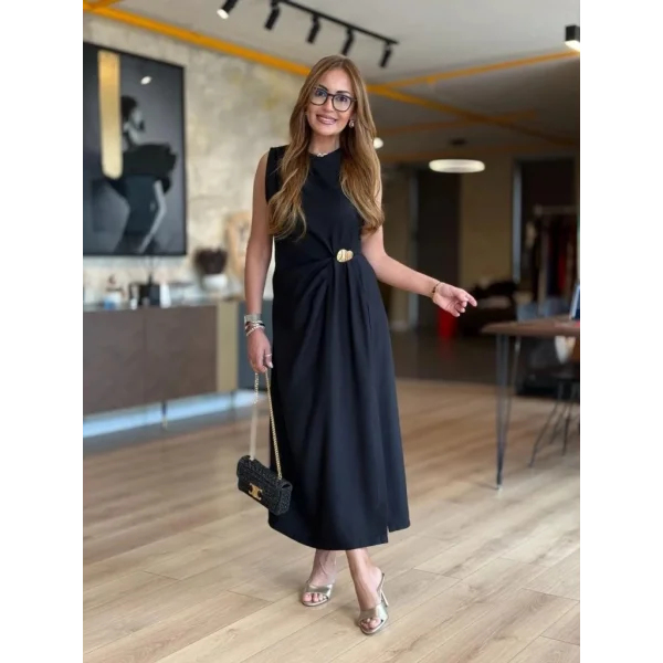 Kadın Sıfır Kollu Bisiklet Yaka Belden Büzgülü Yırtmaç Detaylı Janjan Krep Elbise