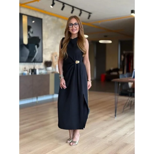 Kadın Sıfır Kollu Bisiklet Yaka Belden Büzgülü Yırtmaç Detaylı Janjan Krep Elbise