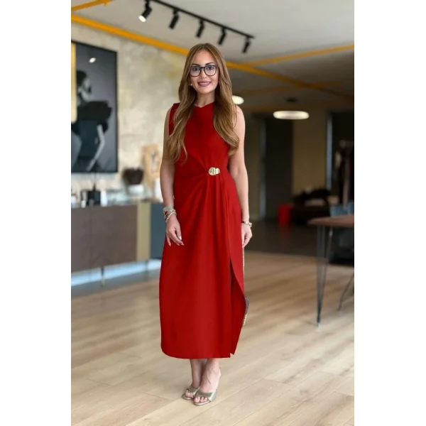 Kadın Sıfır Kollu Bisiklet Yaka Belden Büzgülü Yırtmaç Detaylı Janjan Krep Elbise