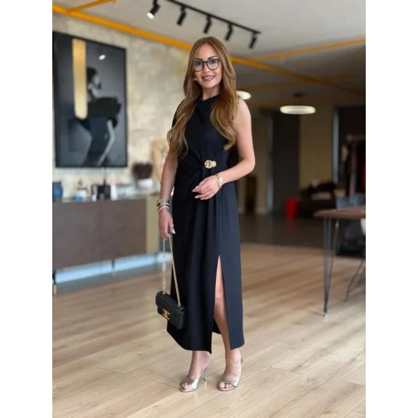 Kadın Sıfır Kollu Bisiklet Yaka Belden Büzgülü Yırtmaç Detaylı Janjan Krep Elbise