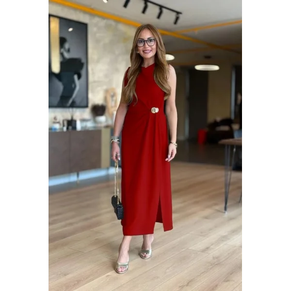 Kadın Sıfır Kollu Bisiklet Yaka Belden Büzgülü Yırtmaç Detaylı Janjan Krep Elbise