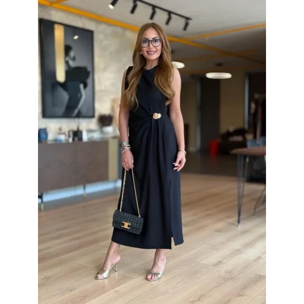 Kadın Sıfır Kollu Bisiklet Yaka Belden Büzgülü Yırtmaç Detaylı Janjan Krep Elbise