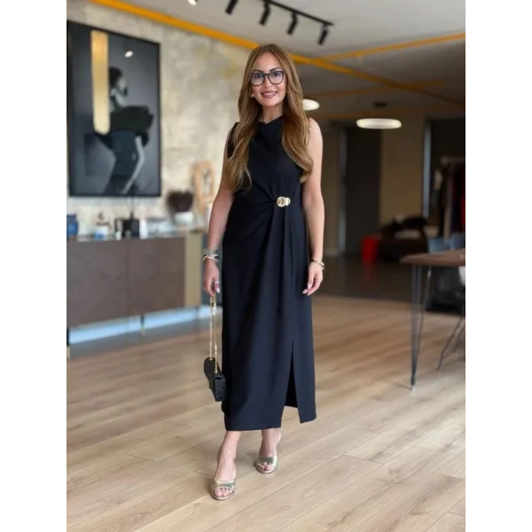 Kadın Sıfır Kollu Bisiklet Yaka Belden Büzgülü Yırtmaç Detaylı Janjan Krep Elbise