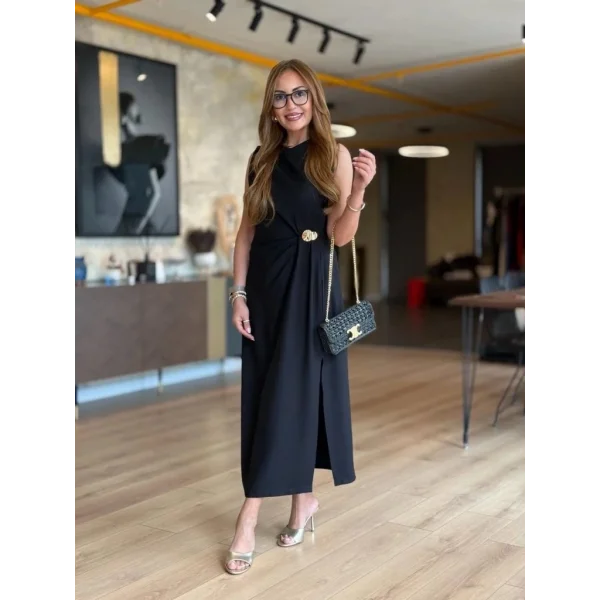 Kadın Sıfır Kollu Bisiklet Yaka Belden Büzgülü Yırtmaç Detaylı Janjan Krep Elbise