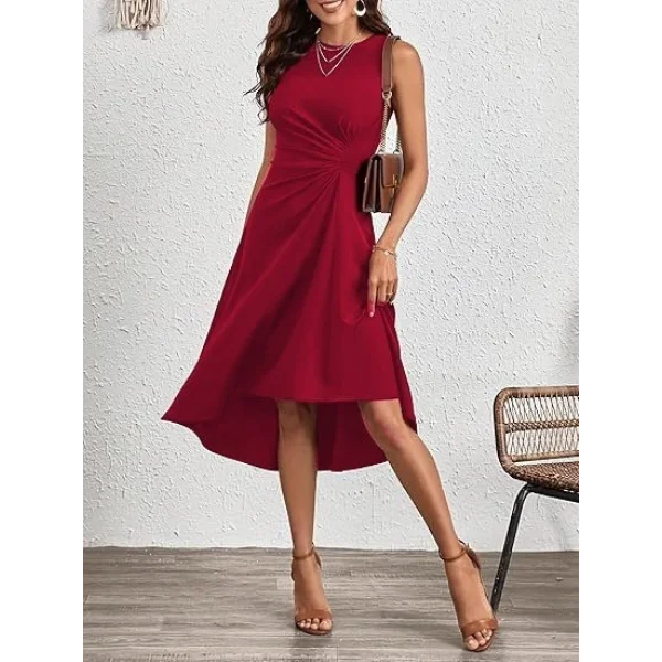 Kadın Sıfır Kollu Bisiklet Yaka Büzgülü Asimetrik Kesim Detaylı Janjan Krep Elbise