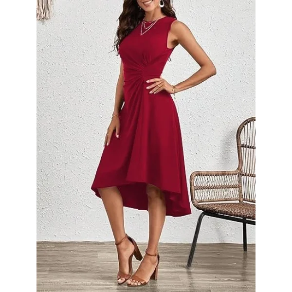 Kadın Sıfır Kollu Bisiklet Yaka Büzgülü Asimetrik Kesim Detaylı Janjan Krep Elbise