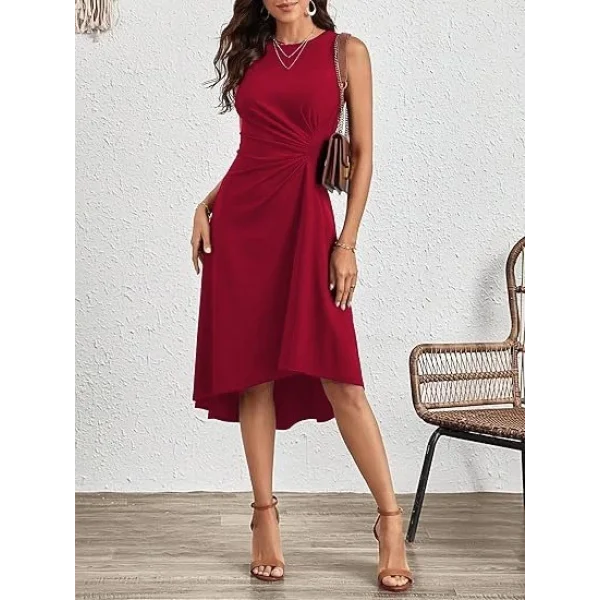 Kadın Sıfır Kollu Bisiklet Yaka Büzgülü Asimetrik Kesim Detaylı Janjan Krep Elbise