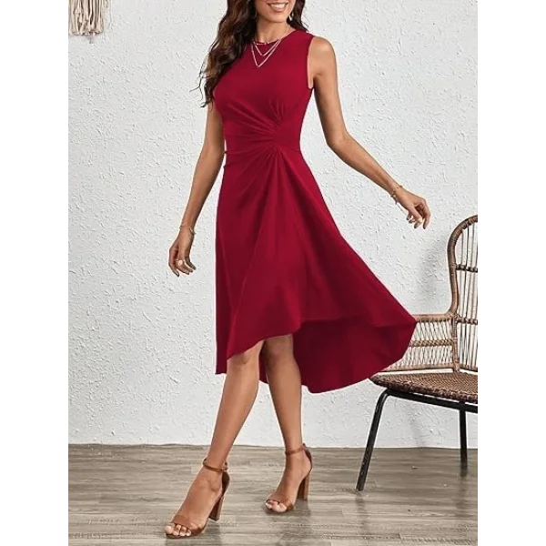 Kadın Sıfır Kollu Bisiklet Yaka Büzgülü Asimetrik Kesim Detaylı Janjan Krep Elbise