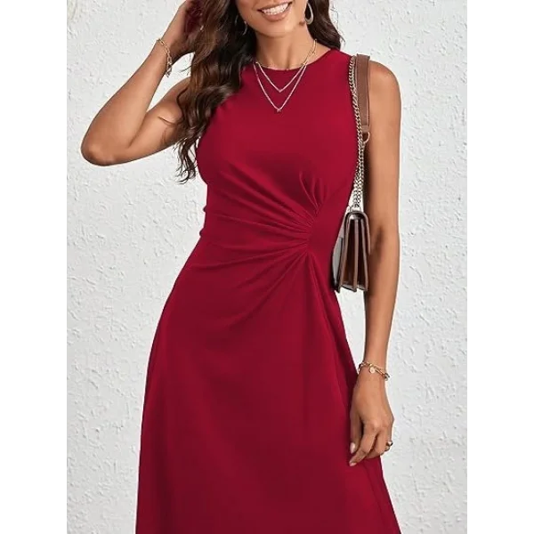 Kadın Sıfır Kollu Bisiklet Yaka Büzgülü Asimetrik Kesim Detaylı Janjan Krep Elbise