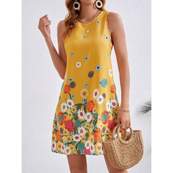 Kadın Sıfır Kollu Bisiklet Yaka çiçek Desenli Süprem Mini Elbise