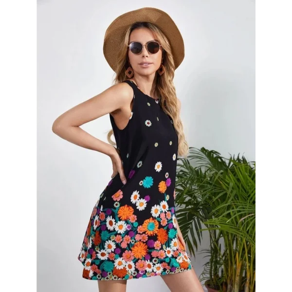 Kadın Sıfır Kollu Bisiklet Yaka çiçek Desenli Süprem Mini Elbise