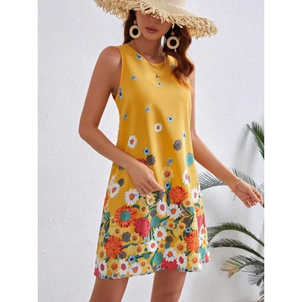 Kadın Sıfır Kollu Bisiklet Yaka çiçek Desenli Süprem Mini Elbise