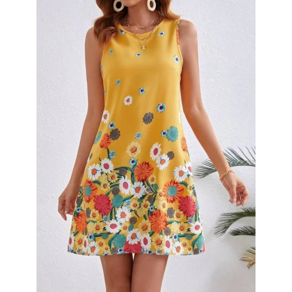Kadın Sıfır Kollu Bisiklet Yaka çiçek Desenli Süprem Mini Elbise