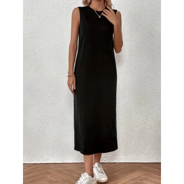 Kadın Sıfır Kollu Bisiklet Yaka Midi Viskon Iki Iplik Elbise