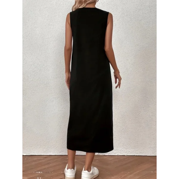 Kadın Sıfır Kollu Bisiklet Yaka Midi Viskon Iki Iplik Elbise