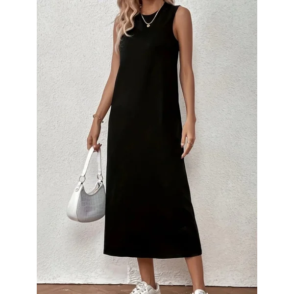 Kadın Sıfır Kollu Bisiklet Yaka Midi Viskon Iki Iplik Elbise