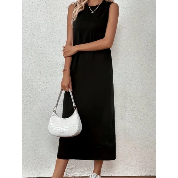 Kadın Sıfır Kollu Bisiklet Yaka Midi Viskon Iki Iplik Elbise
