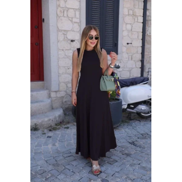 Kadın Sıfır Kollu Bisiklet Yaka Viskon Elbise