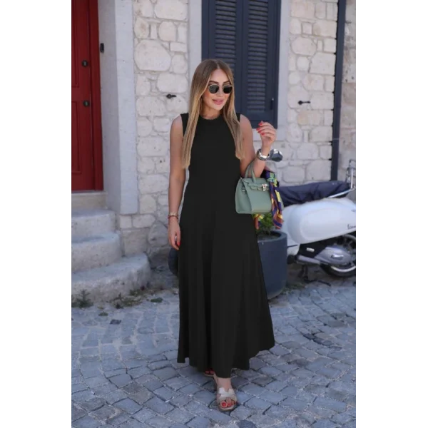 Kadın Sıfır Kollu Bisiklet Yaka Viskon Elbise