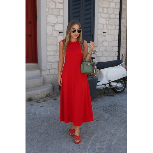 Kadın Sıfır Kollu Bisiklet Yaka Viskon Elbise