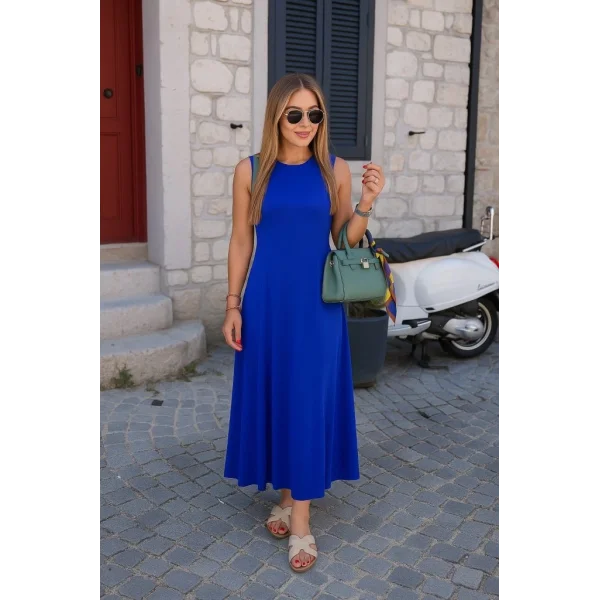 Kadın Sıfır Kollu Bisiklet Yaka Viskon Elbise