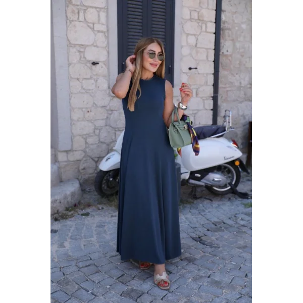 Kadın Sıfır Kollu Bisiklet Yaka Viskon Elbise