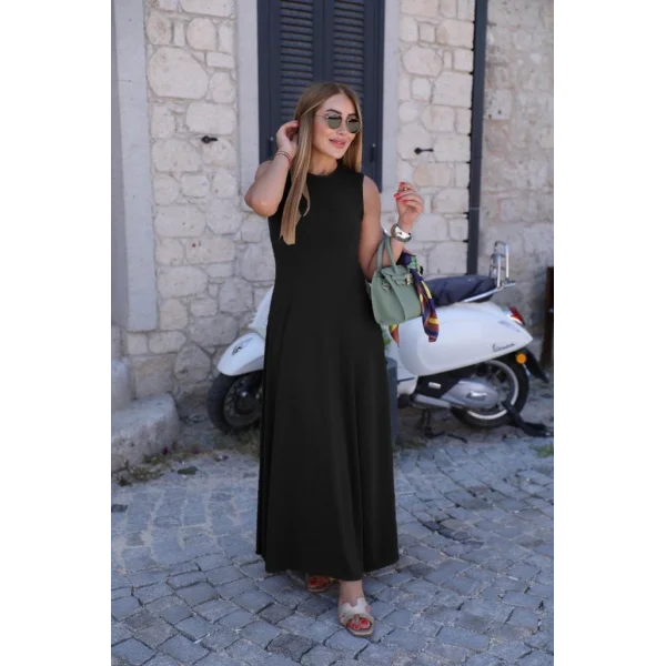 Kadın Sıfır Kollu Bisiklet Yaka Viskon Elbise