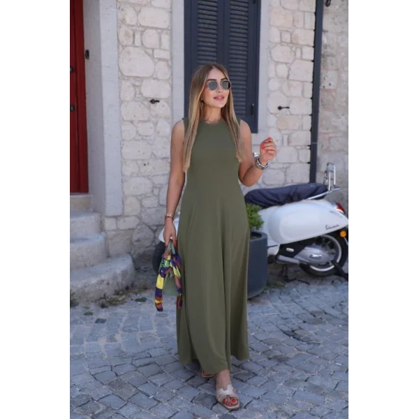 Kadın Sıfır Kollu Bisiklet Yaka Viskon Elbise