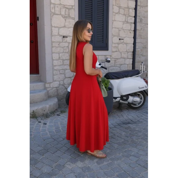 Kadın Sıfır Kollu Bisiklet Yaka Viskon Elbise