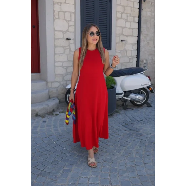 Kadın Sıfır Kollu Bisiklet Yaka Viskon Elbise