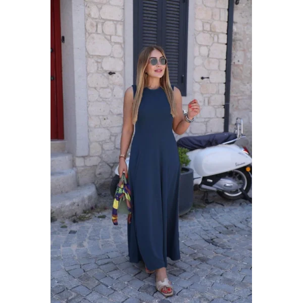 Kadın Sıfır Kollu Bisiklet Yaka Viskon Elbise