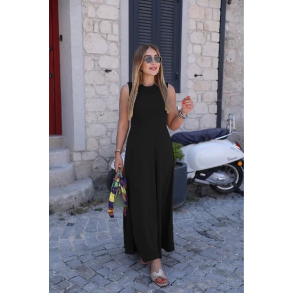 Kadın Sıfır Kollu Bisiklet Yaka Viskon Elbise