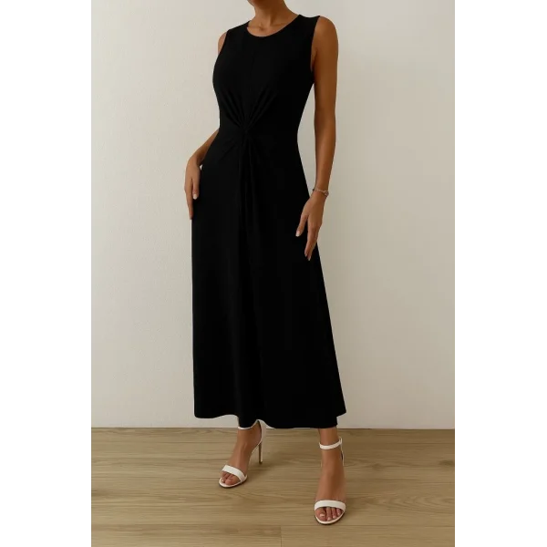 Kadın Sıfır Kollu Bisiklet Yaka Yandan Büzgü Detaylı Viskon Elbise